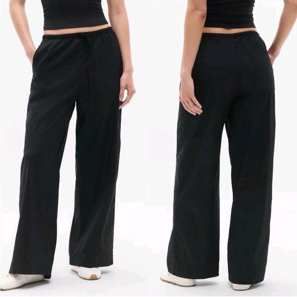 Athleta Paradise Straight Leg Cargo Pants Womens MED Linen Blend Black Baggy